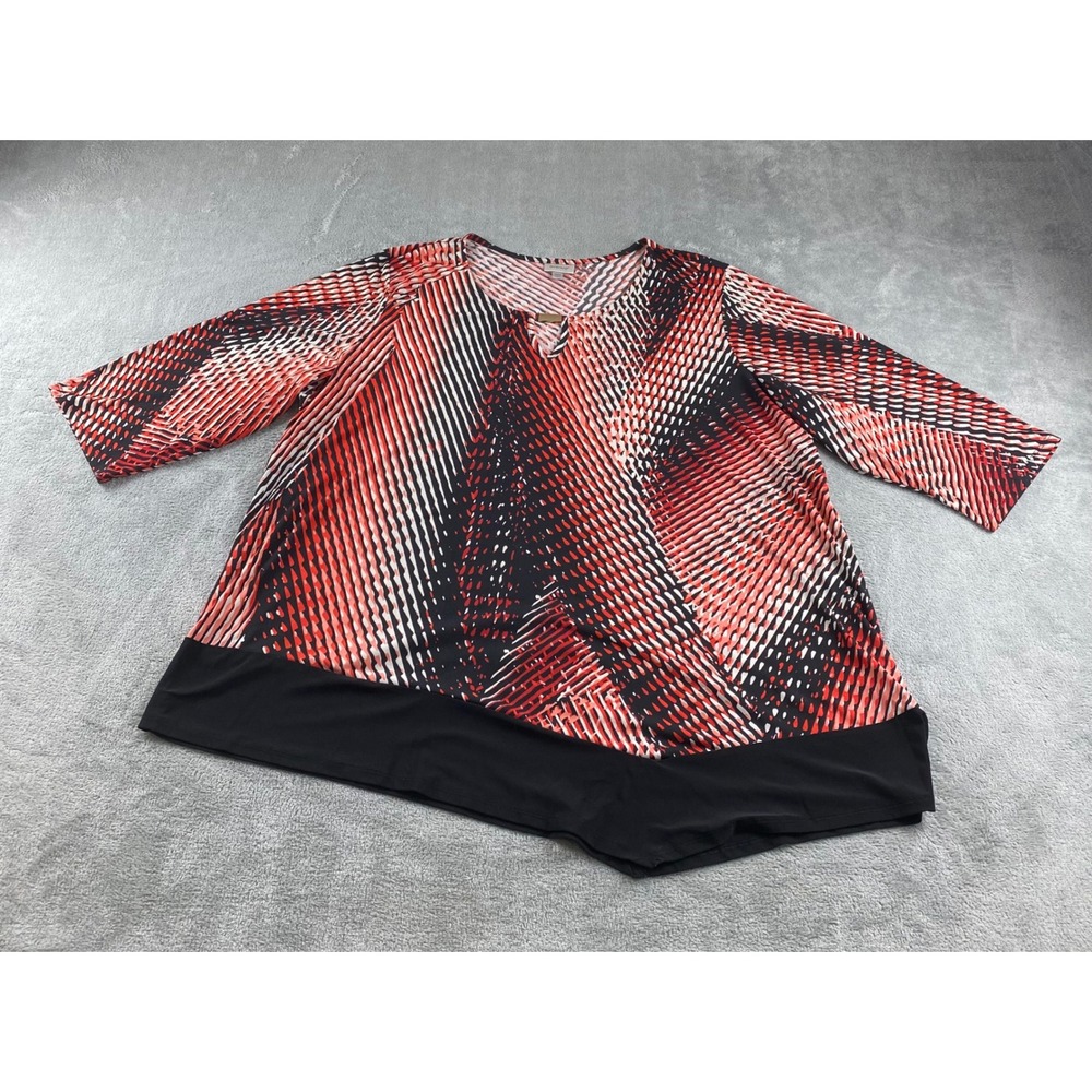 Avenue Women's Geometric Print Tunic Top Black Red White 3/4 Sleeve Size 22 24
